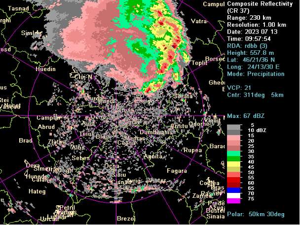 A radar view of a bow echo thunderstorm over Romania on 13 July 2023