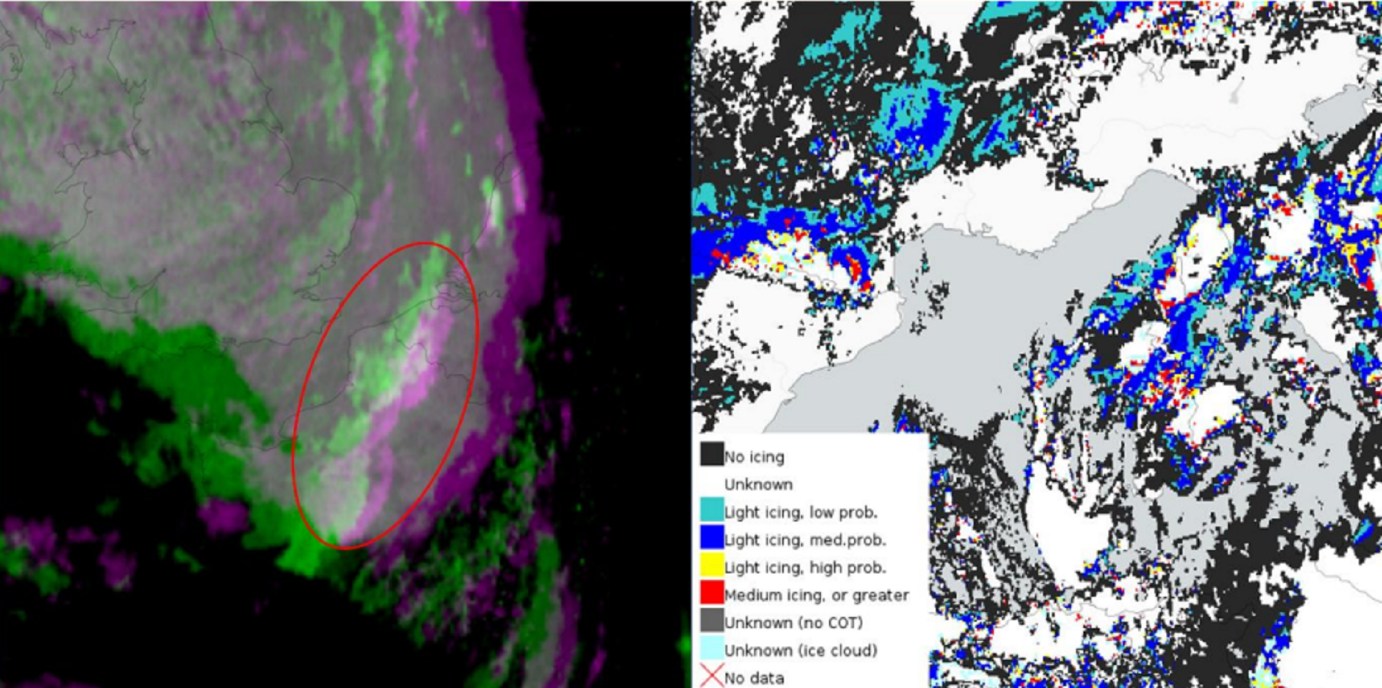 Two maps showing satellite data for fog (left) and super-cooled water droplets (right)