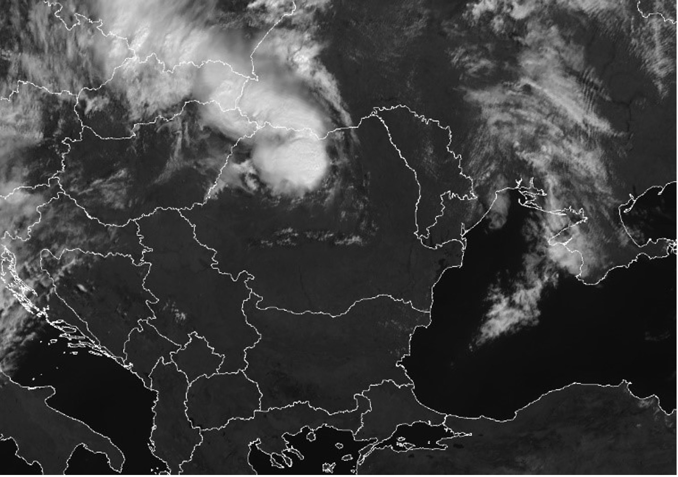 Satellite view of a bow echo thunderstorm over Romania on 13 July 2023